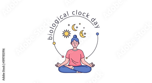On Biological Clock Day, a vector illustration depicts a woman meditating under a celestial arrangement of sun and moon, symbolizing the circadian rhythm against a clean white backdrop
