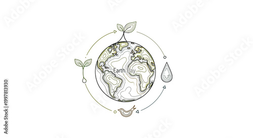 Earth with leaves and water droplets.