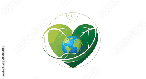 Green heart shaped earth globe icon.