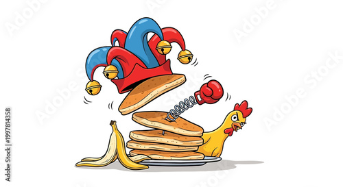 Jester hat on stack pancakes breakfast.