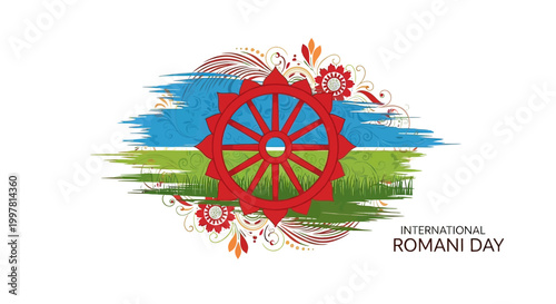 International Romani Day colorful wheel symbol.