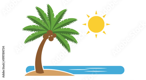 Tropical Island Paradise: Palm Tree, Sun, and Ocean - Flat Design