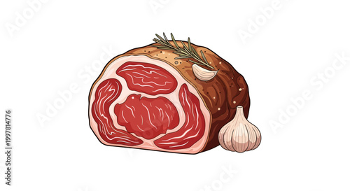 Raw Beef Roast with Garlic Clove.