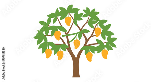 Ripe Mango Tree with Green Leaves and Yellow Fruits