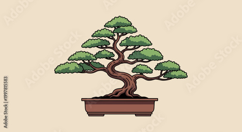 Stylized Bonsai Tree in Pot, Artistic Minimalist Illustration