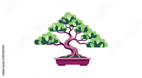Stylized Bonsai Tree in Pot, Minimalist Vector Art