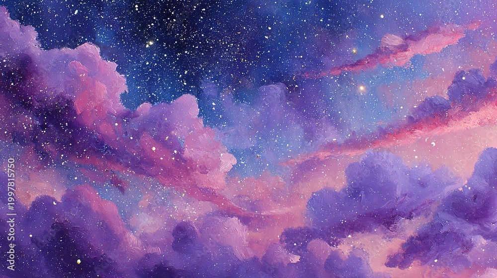 Fototapeta premium Oil painting of dreamy space purple blue sky dotted with stars pink clouds interweaving purple galaxy pink nebula warm atmosphere