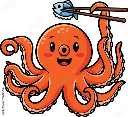 Cute cartoon octopus eating a piece of sushi with chopsticks.