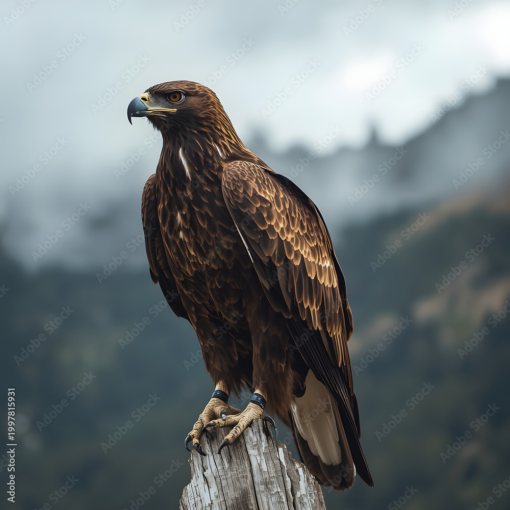 Obraz premium Majestic Eagle in the Wild: A golden eagle, with its sharp gaze and powerful build, perches atop a weathered tree stump against a backdrop of mist-shrouded mountains, symbolizing strength and freedom.