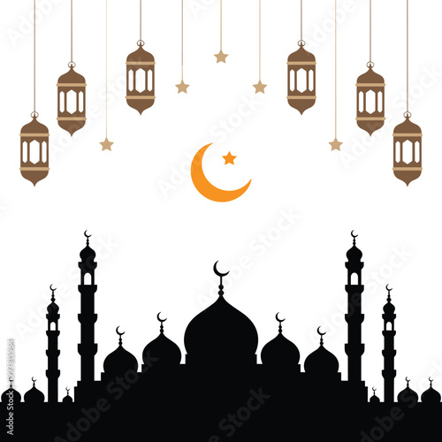 Islamic Festival Silhouette Background with Mosque, Crescent Moon, and Hanging Lanterns