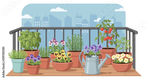 Idyllic urban balcony garden scene showcasing a vibrant assortment of potted herbs, blossoming flowers, and ripening tomatoes, with a classic watering can, set against a modern city skyline backdrop