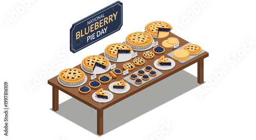 Overhead isometric illustration showcasing a dessert table filled with baked blueberry pies and slices, presented with a rustic food styling approach, conveying a comfort food concept