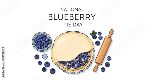 Overhead vector illustration celebrates National Blueberry Pie Day with a freshly baked berry pie, a bowl of blueberries, and a rolling pin against a clean white background
