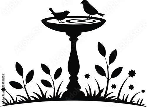 Minimalist black bird bath with two small birds perched on garden pedestal silhouette vector icon