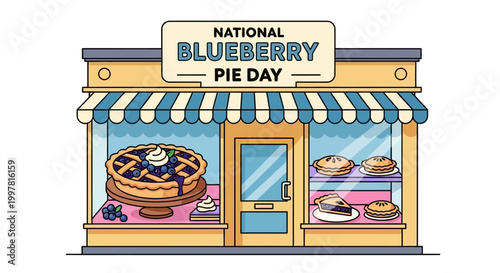 A charming vector illustration depicts a bakery storefront celebrating National Blueberry Pie Day, displaying a variety of sweet baked pie desserts against a clean white background