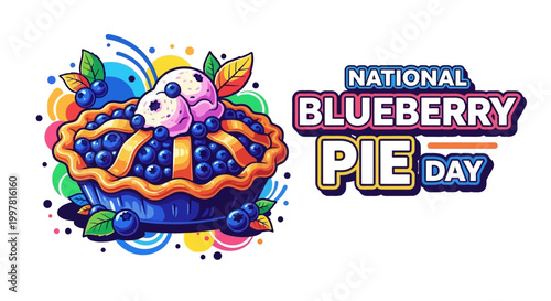 Vibrant vector illustration for National Blueberry Pie Day with a stylized, close-up view of a homemade blueberry pie topped with ice cream, set against a clean white background