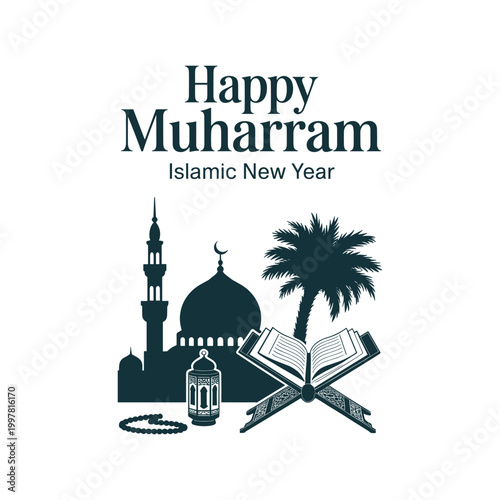 Happy Muharram Islamic New Year Vector Greeting with Mosque, Quran, and Lantern Silhouette