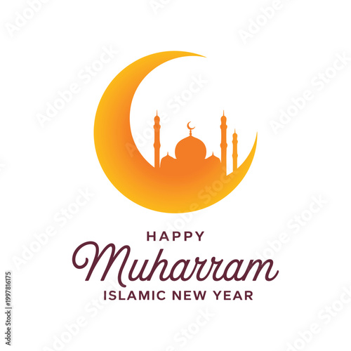Islamic New Year Greeting with Crescent Moon and Mosque Silhouette