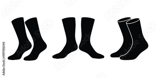 Minimalist black pair of crew length socks standing upright apparel silhouette vector icon