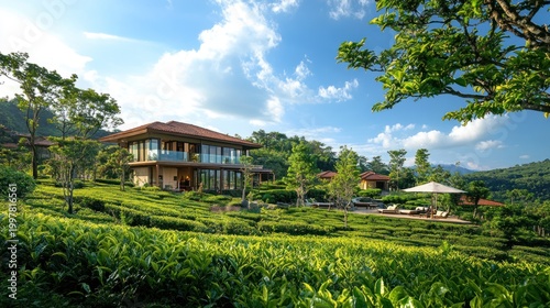 Luxurious villas nestled in a tea plantation landscape under a clear sky