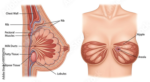 Anatomical illustration of human female breast cross section and front view anatomy