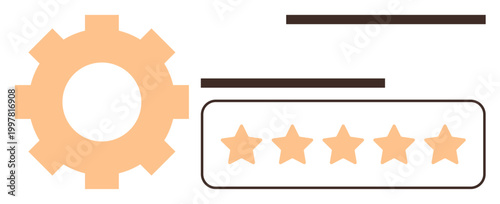 Customer feedback, quality assurance, user experience, service rating, online reviews, business performance. Gear icon alongside a five-star rating. Emphasizing quality assurance and customer