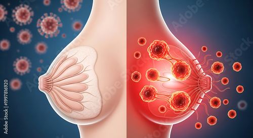 Breast anatomy with healthy tissue and cancerous cells illustration tumor