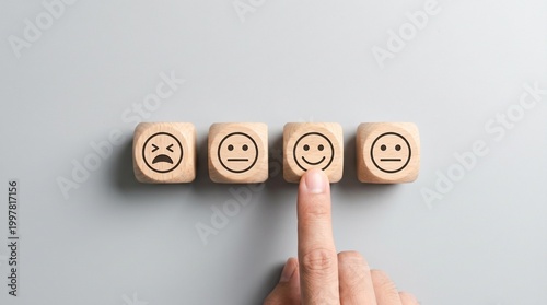 Hand Holding Wooden Emotion Blocks Showing Different Facial Expressions on Neutral Background
