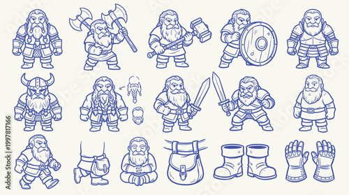 Quadro su tela A collection of hand-drawn, blue-lined sketches featuring various dwarf characters in different poses and with different equipment, including weapons, shields, and armor