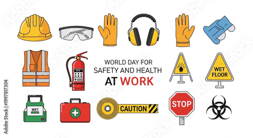 A vibrant vector illustration commemorates World Day for Safety and Health at Work, showcasing essential safety equipment like hard hats, gloves, and first aid kits arranged against a clean
