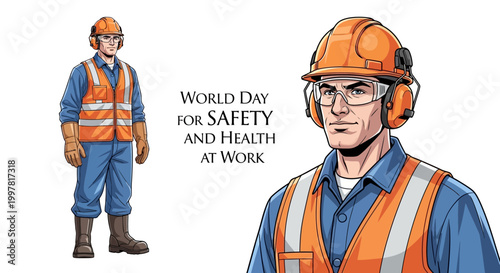 Illustrated worker in full protective gear stands next to World Day for Safety and Health at Work text on a white background, promoting industrial safety awareness with a focus on worker