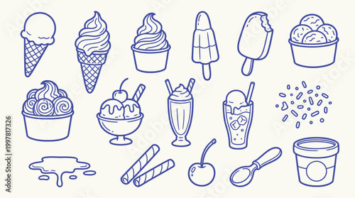 фотографія A delightful collection of hand-drawn ice cream illustrations, featuring cones, cups, popsicles, sundaes, and toppings, perfect for summer treats and dessert themes