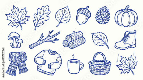 A charming collection of hand-drawn blue line art illustrations depicting various elements associated with autumn and the cozy season.