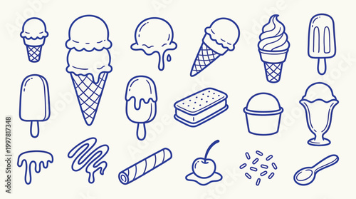 A delightful collection of hand-drawn ice cream illustrations, featuring cones, popsicles, sundaes, and various toppings, all in a charming blue outline style on a cream background.