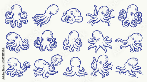 A charming collection of 15 hand-drawn illustrations of octopuses in various playful poses and styles, rendered in a delightful blue ink sketch.