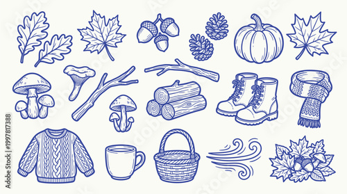 A charming collection of hand-drawn autumn-themed illustrations, featuring seasonal elements like leaves, pumpkins, and cozy apparel.