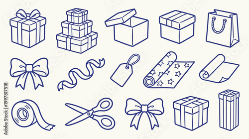 A collection of hand-drawn line art illustrations depicting various gift-wrapping supplies and presents.
