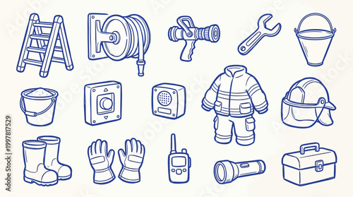 A collection of hand-drawn blue line art icons representing firefighting equipment and safety gear, presented on a light background.