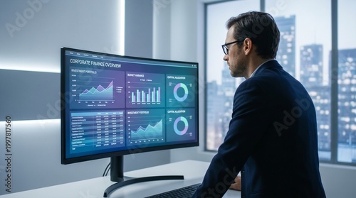 Free Download Businessman analyzing financial dashboards on monitor. - GFXLoad