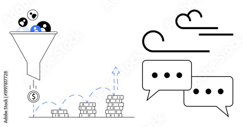Marketing strategy, audience segmentation, sales process improvement, revenue growth, communication, business efficiency. Filter funnel with coins, speech bubbles showing conversation. Marketing