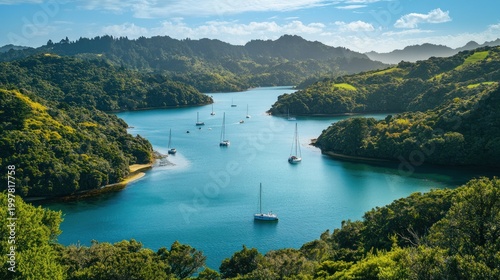 Serene Fjord Landscape; Sailboats, Lush Hills