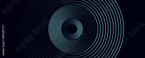 Blue abstract background with glowing circles. Swirl circular lines pattern. Geometric spiral. Twirl element. Modern graphic design. Futuristic technology concept.