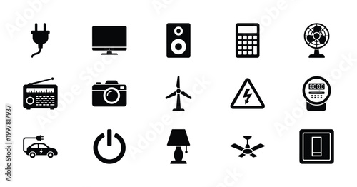 Minimalist electronics icon set, black solid vector symbols for household appliances and energy, 15 digital technology and power icons for UI design