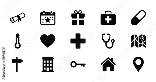 Minimalist black icon set with 15 flat vector symbols, medical and lifestyle interface elements, navigation and healthcare web icons