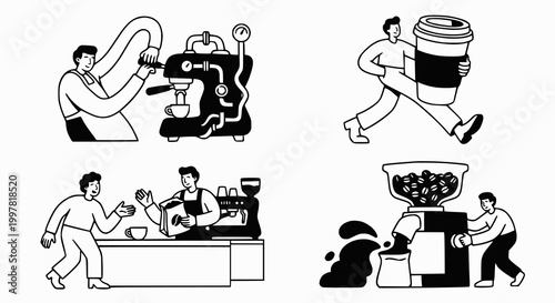 Coffee Shop and Barista Daily Activities Illustration Set