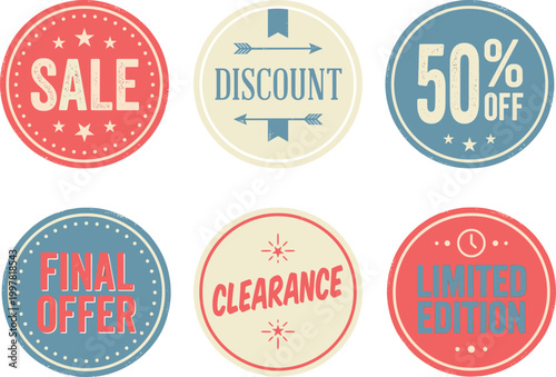 Collection of six discount labels on a neutral background for marketing purposes