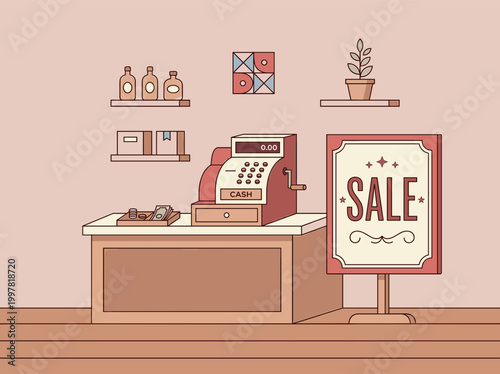 A cashier operates a register at a store counter with a sale sign.