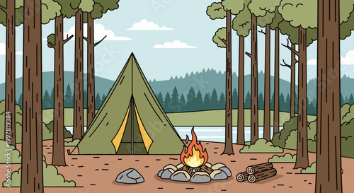 Camping Tent in Forest.