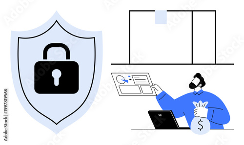 Cybersecurity, financial security, data protection, online safety, secure transactions, digital identity. A shield with a lock, a person handling digital data, and monetary transactions