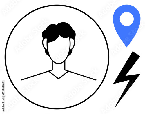 Identity management, user activity, geolocation services, app functionality, energy concepts, profile connectivity. Minimalistic face icon, location pin and lightning bolt. Identity management